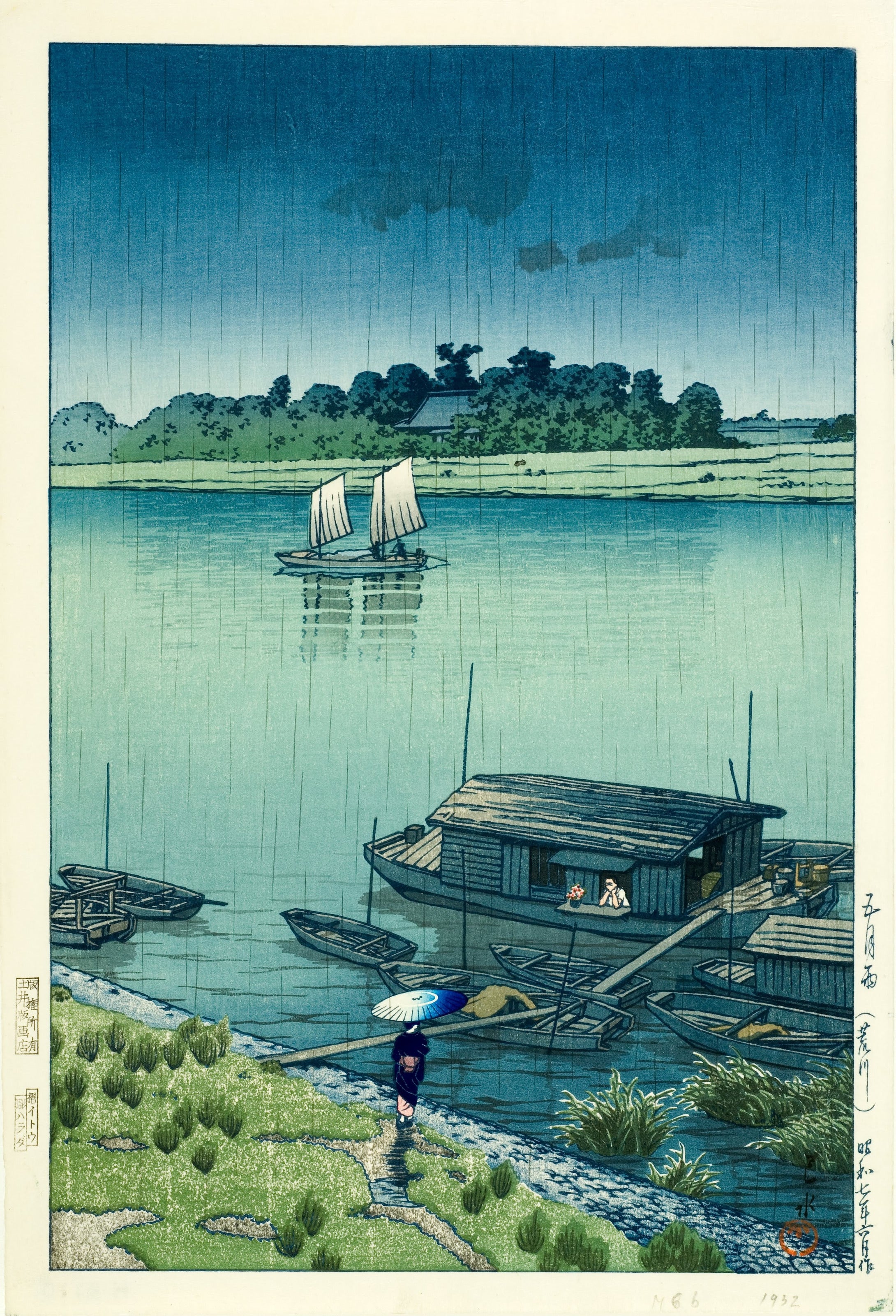 Kawase Hasui — May Rain on the Arakawa | Japanese Woodblock Print (Shin Hanga)