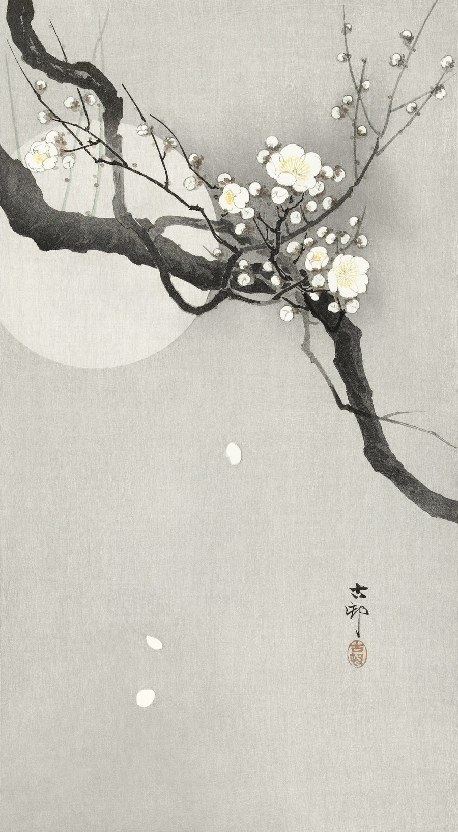 Ohara Koson — Plum Blossom and Full Moon | Japanese Bird & Flower Woodblock Print shown to scale on a wall above a sofa