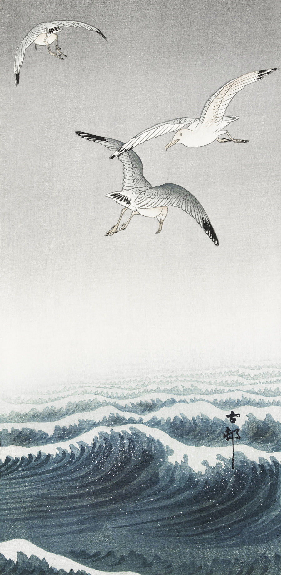 Ohara Koson — Three Seagulls | Japanese Bird & Flower Woodblock Print shown to scale on a wall above a sofa
