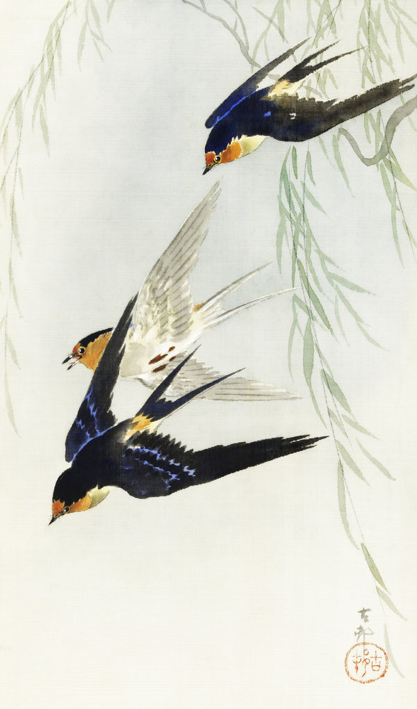 Ohara Koson — Three Birds in Full Flight | Japanese Bird & Flower Woodblock Print