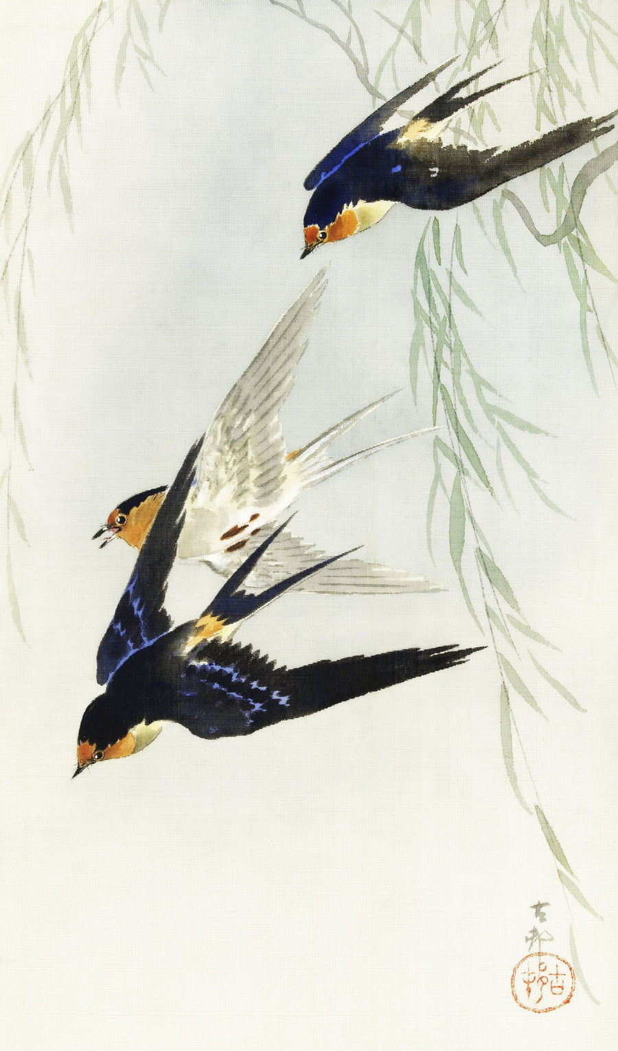 Ohara Koson — Three Birds in Full Flight | Japanese Bird & Flower Woodblock Print shown to scale on a wall above a sofa