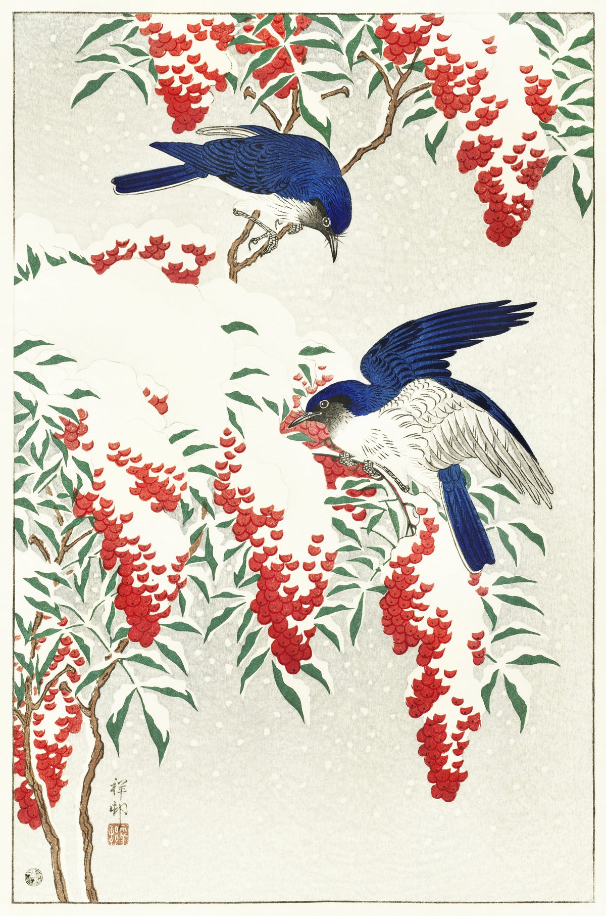Ohara Koson — Flycatchers on a Nandina Bush | Japanese Bird & Flower Woodblock Print
