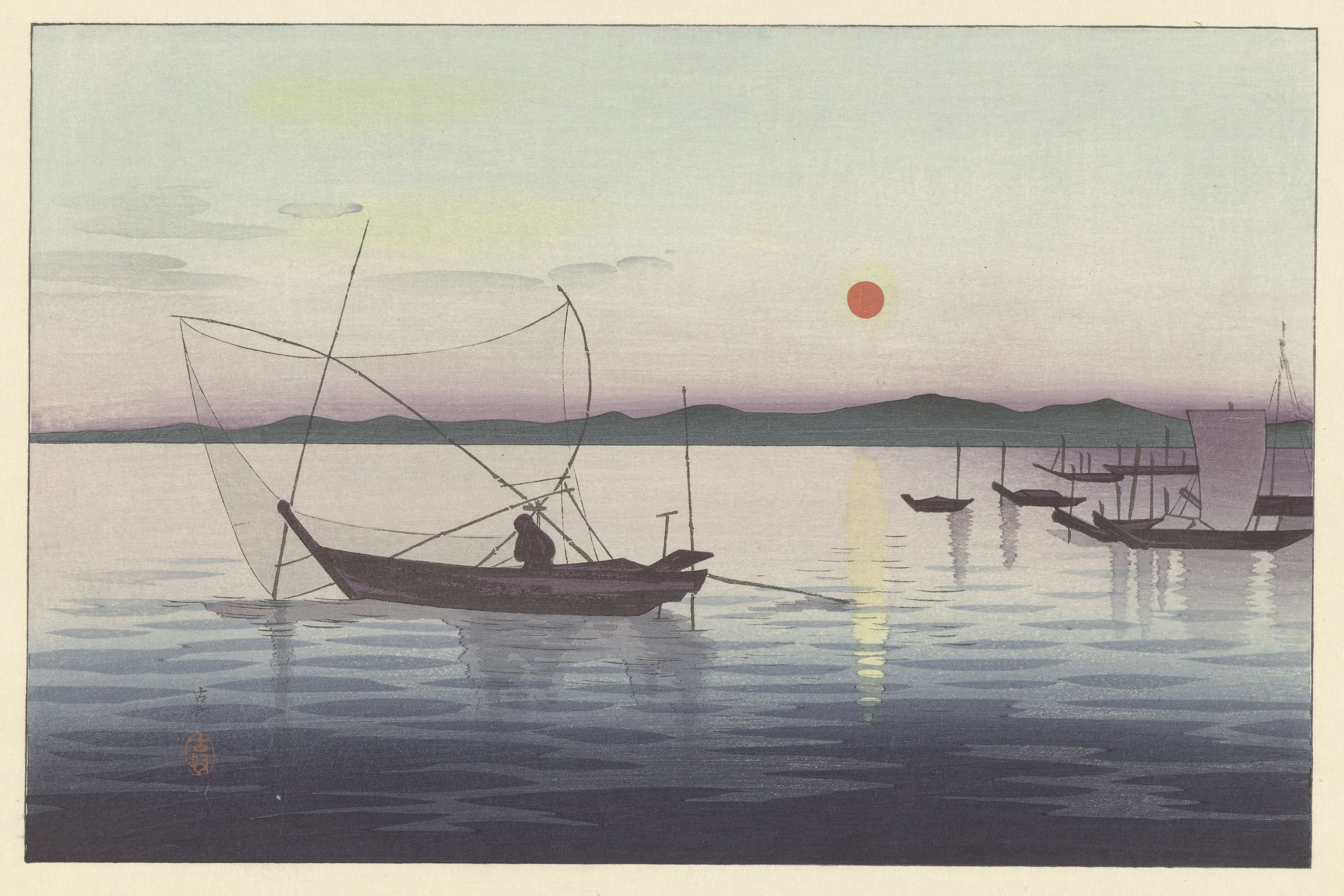 Ohara Koson — Boats and setting sun | Japanese Bird & Flower Woodblock Print