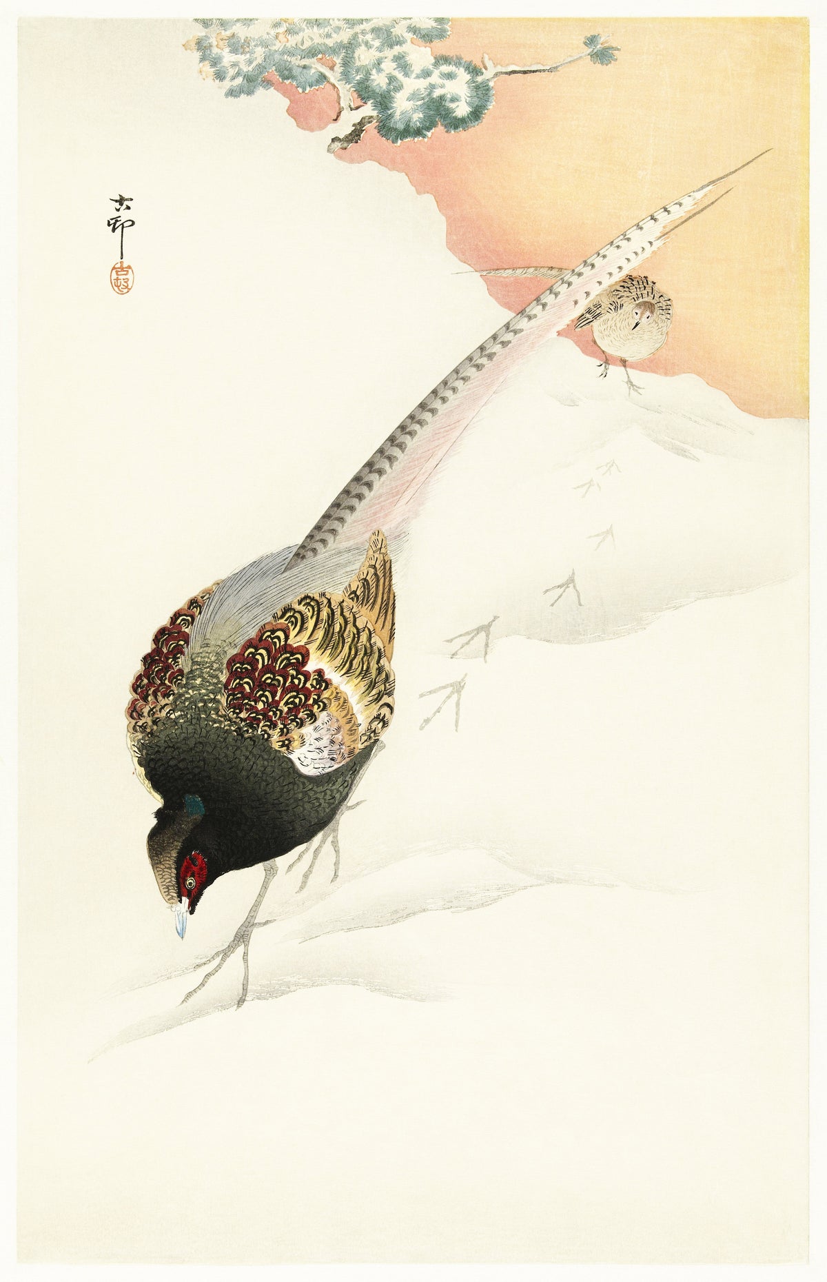 Ohara Koson — Pheasant Couple in the Snow | Japanese Bird & Flower Woodblock Print