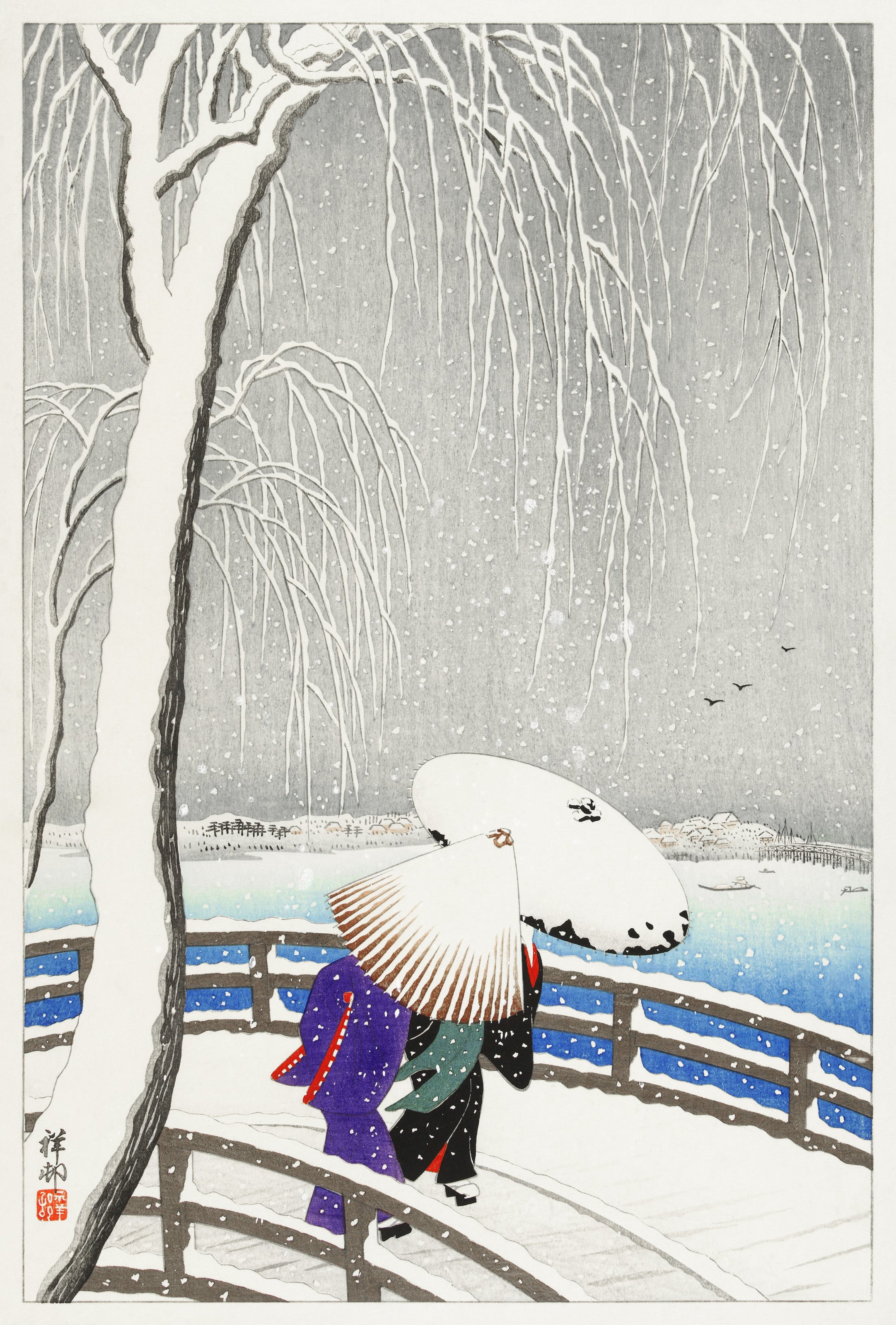 Ohara Koson — Two women in the snow on Yanagi Bridge | Japanese Bird & Flower Woodblock Print