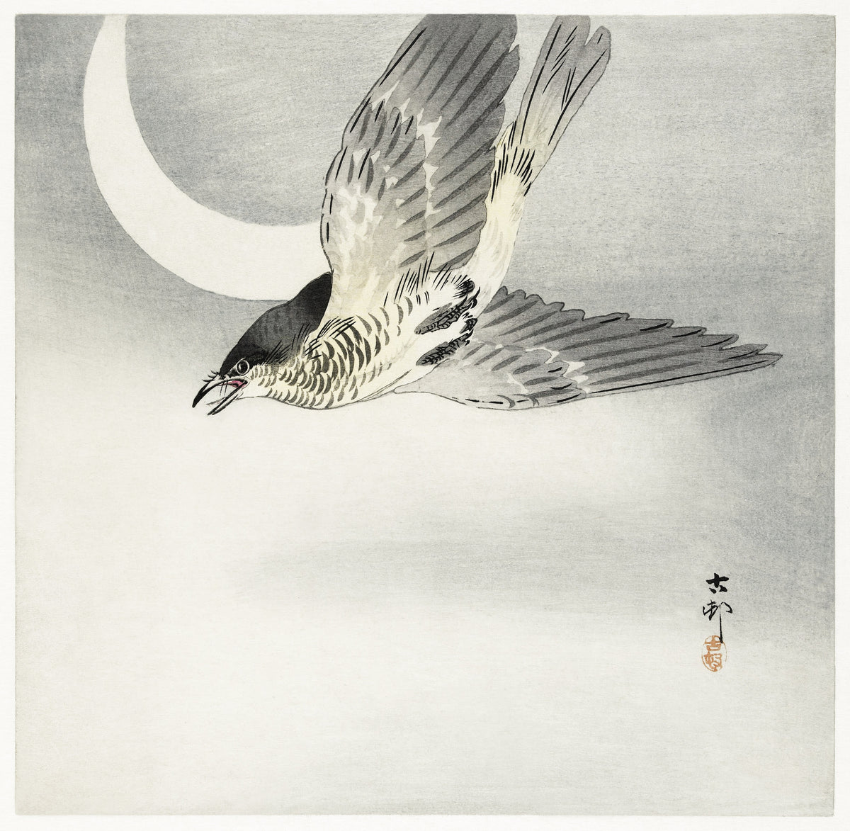 Ohara Koson — Cuckoo at Crescent Moon | Japanese Bird & Flower Woodblock Print