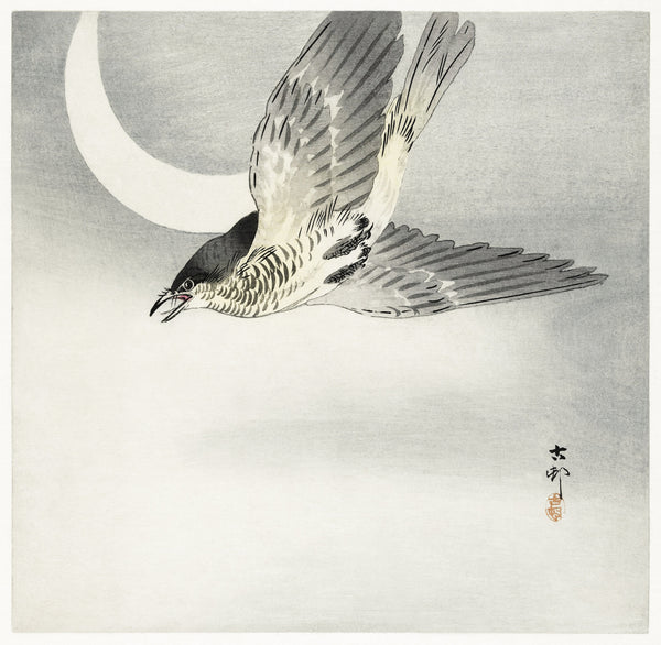 Ohara Koson — Cuckoo at Crescent Moon | Japanese Bird & Flower Woodblock Print