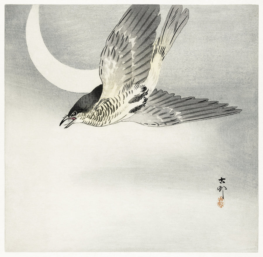 Ohara Koson — Cuckoo at Crescent Moon | Japanese Bird & Flower Woodblock Print shown to scale on a wall above a sofa