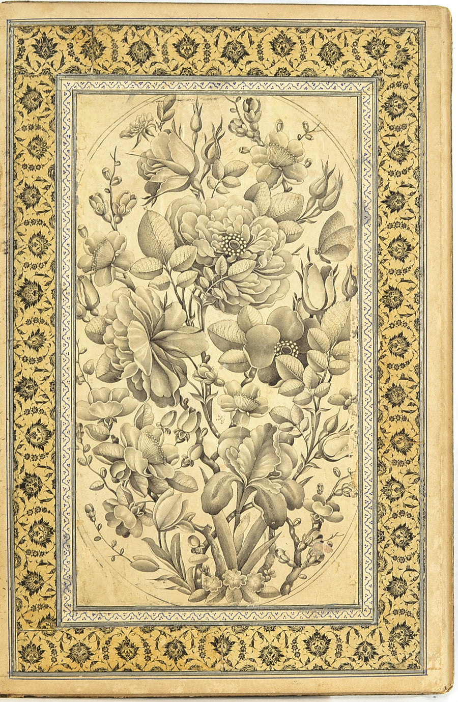 Fathallah Shirazi — Album of Flower Paintings: Bouquet with Tulips | Persian Miniature Art Print shown to scale on a wall above a sofa