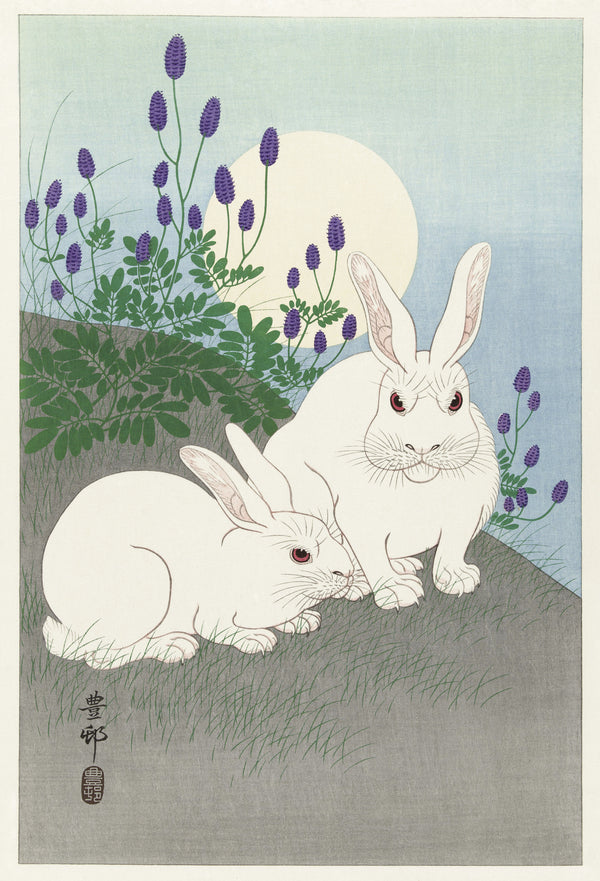 Ohara Koson — Rabbits at Full Moon | Japanese Bird & Flower Woodblock Print