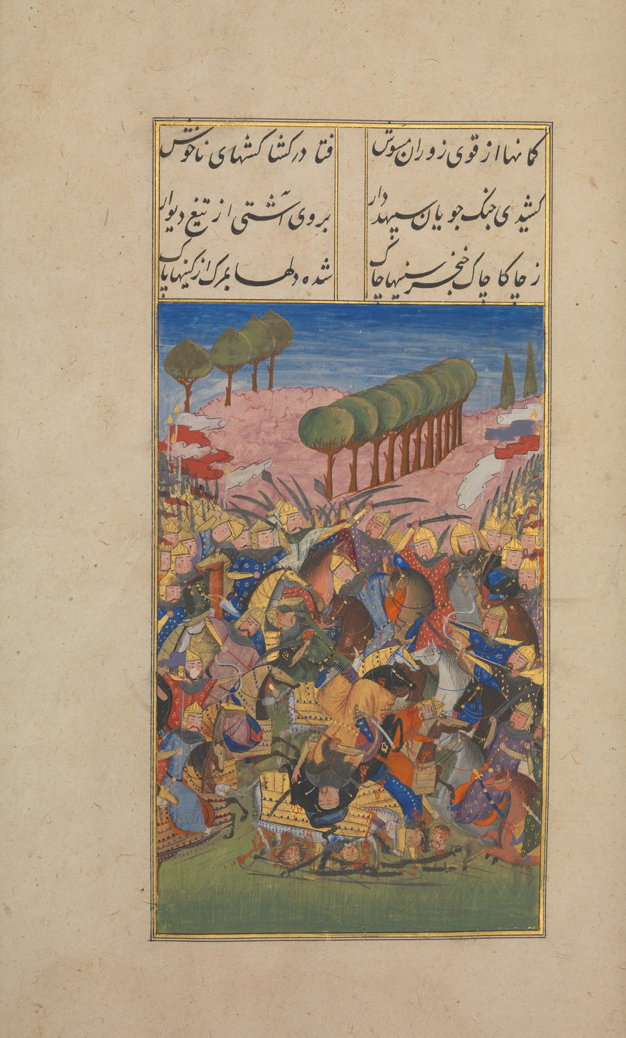 Persian Miniature — Khusrau and Shirin: A Battle Scene | Persian Miniature Art Print shown to scale on a wall above a sofa