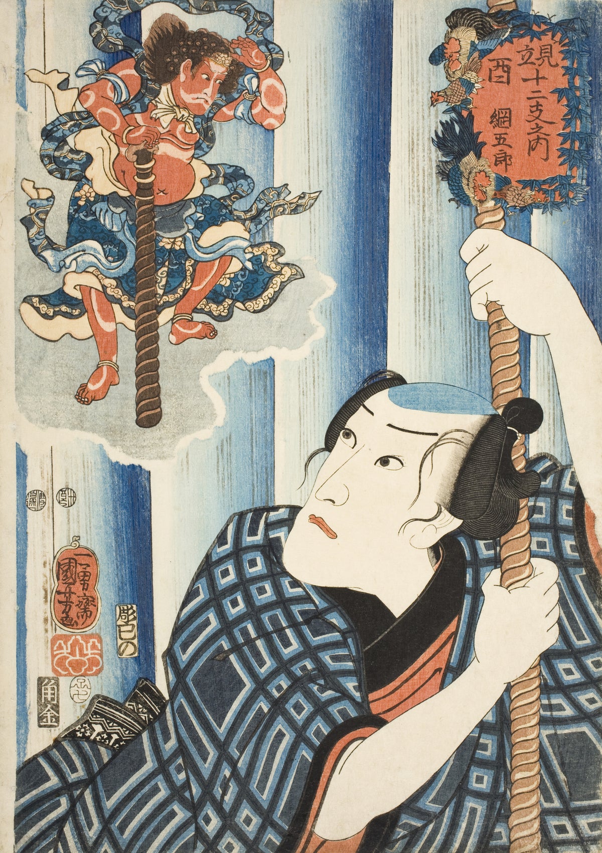 Utagawa Kuniyoshi — Mitate Jūnishi, Tori (Rooster) — Tsuna Gorō | Japanese Woodblock Print (Ukiyo-e)