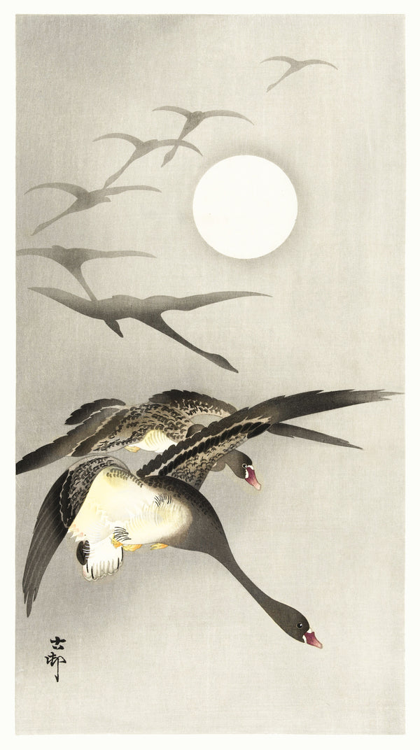 Ohara Koson — Geese at Full Moon | Japanese Bird & Flower Woodblock Print