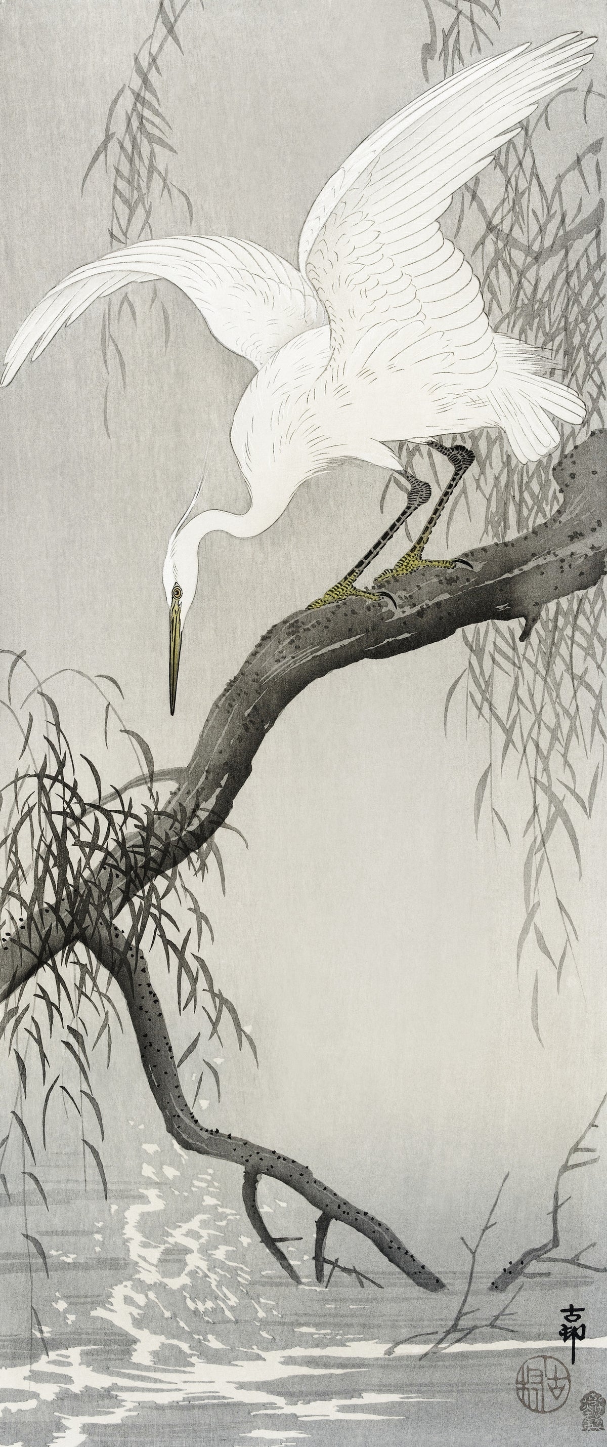 Ohara Koson — White Heron on Tree Branch | Japanese Bird & Flower Woodblock Print