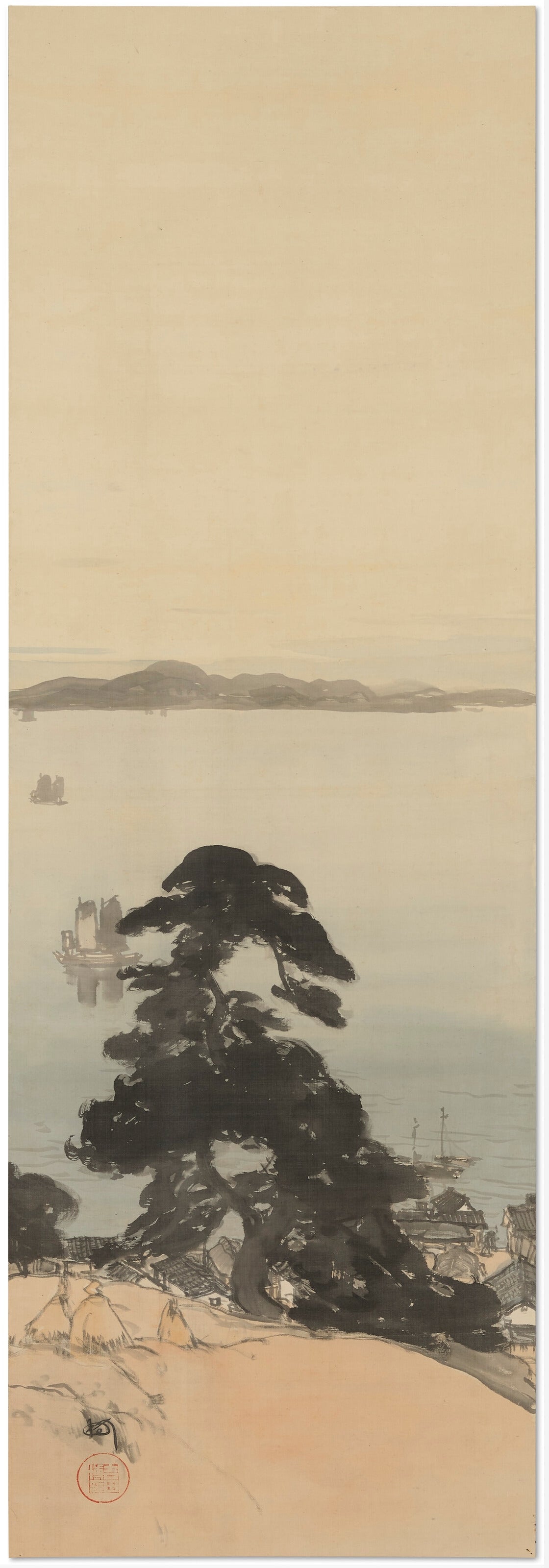 Hiroshi Yoshida — Pine Trees and Sea Port | Japanese Ink Painting Print