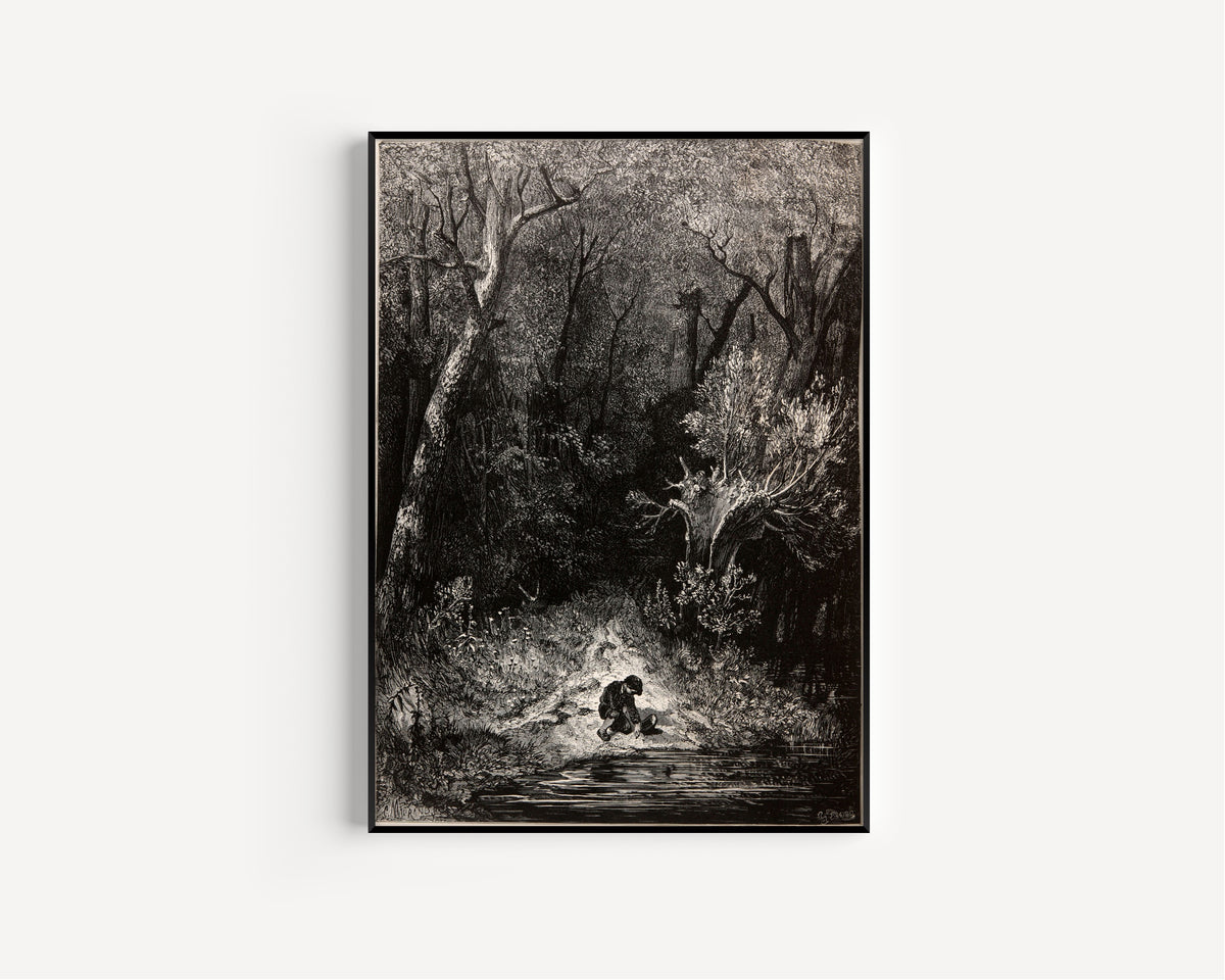 Gustave Doré — Tom Thumb: Gathering Pebbles by the Stream | Fairy Tale Illustration Print