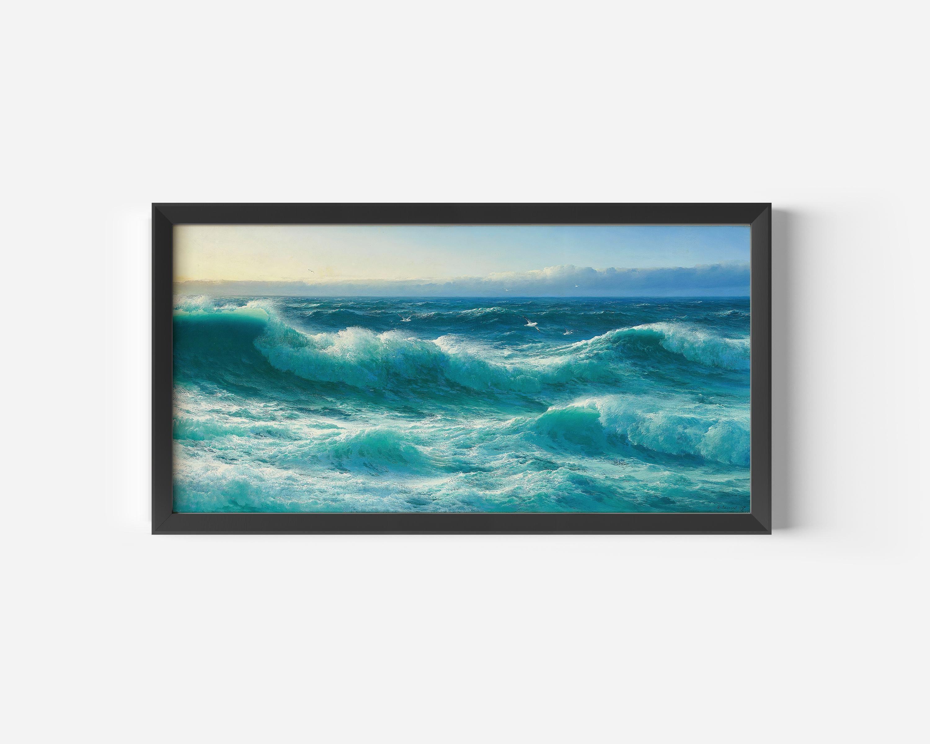 Cornish Seascape Print: David James Vintage Blue Ocean Waves (Framed or Unframed) - 9ArtPrints