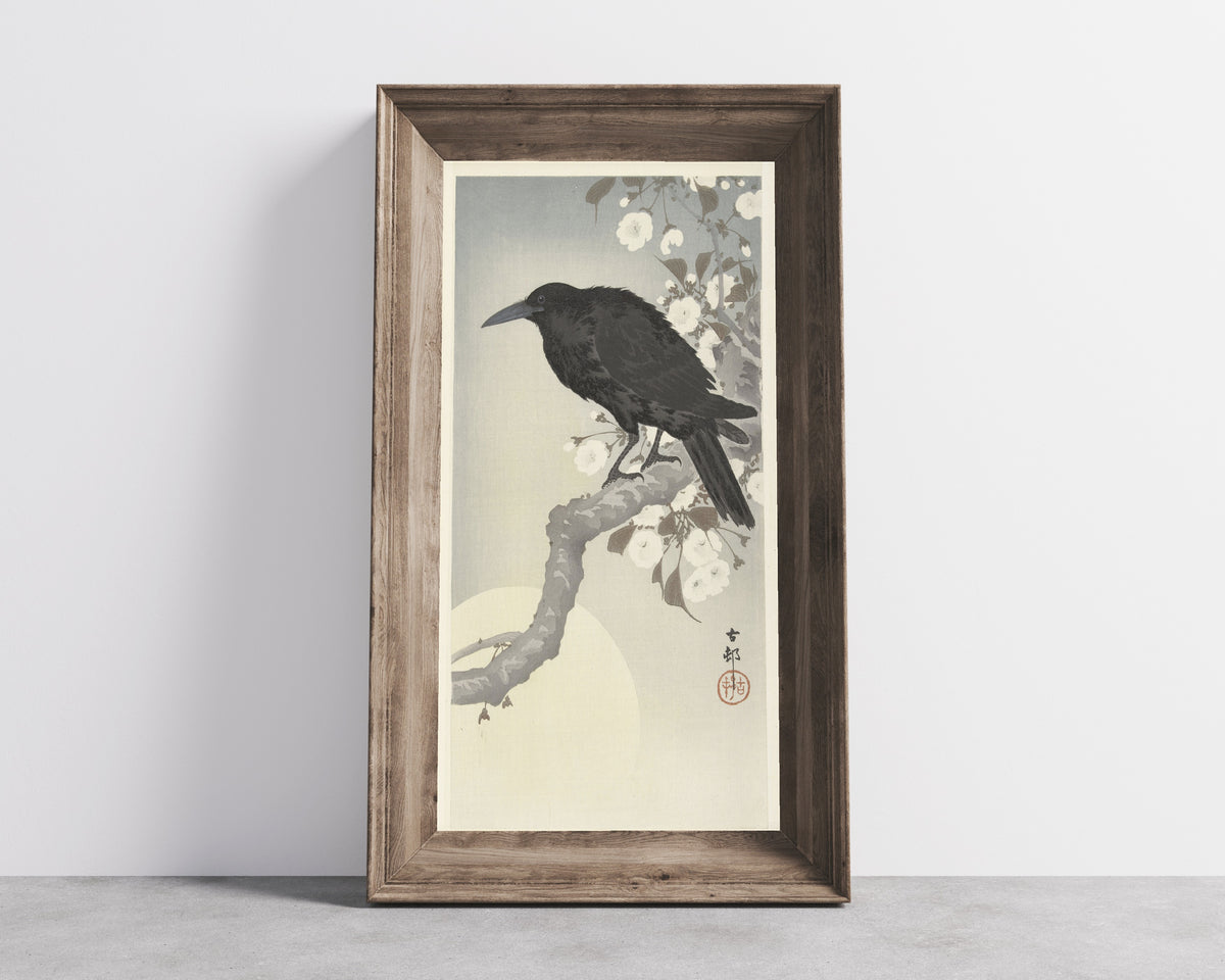 Ohara Koson — Crow at Full Moon | Japanese Bird & Flower Woodblock Print