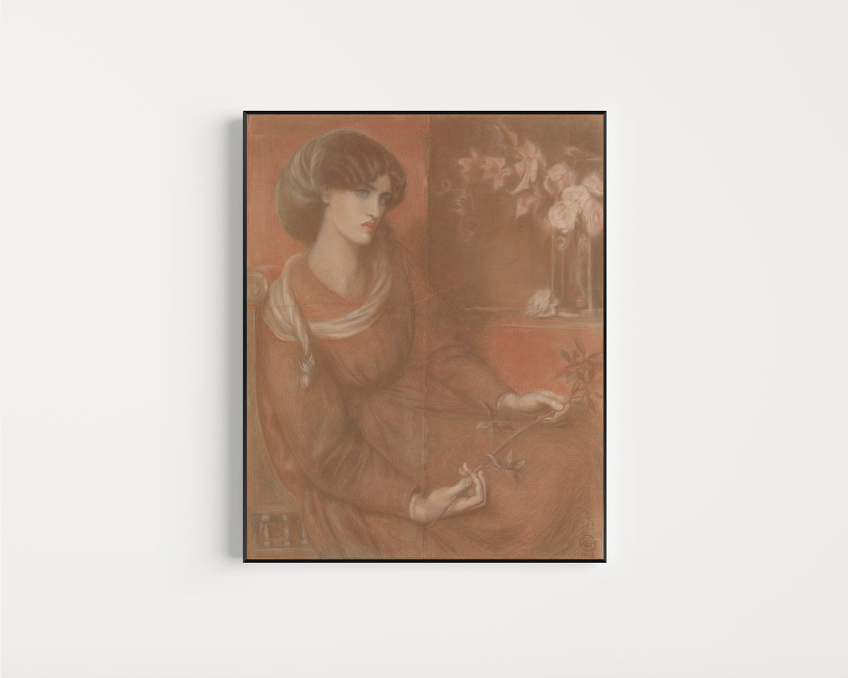 Framed art print of Jane Morris: Study for Mariana by Dante Gabriel Rossetti, in a slim black frame on a plain white wall