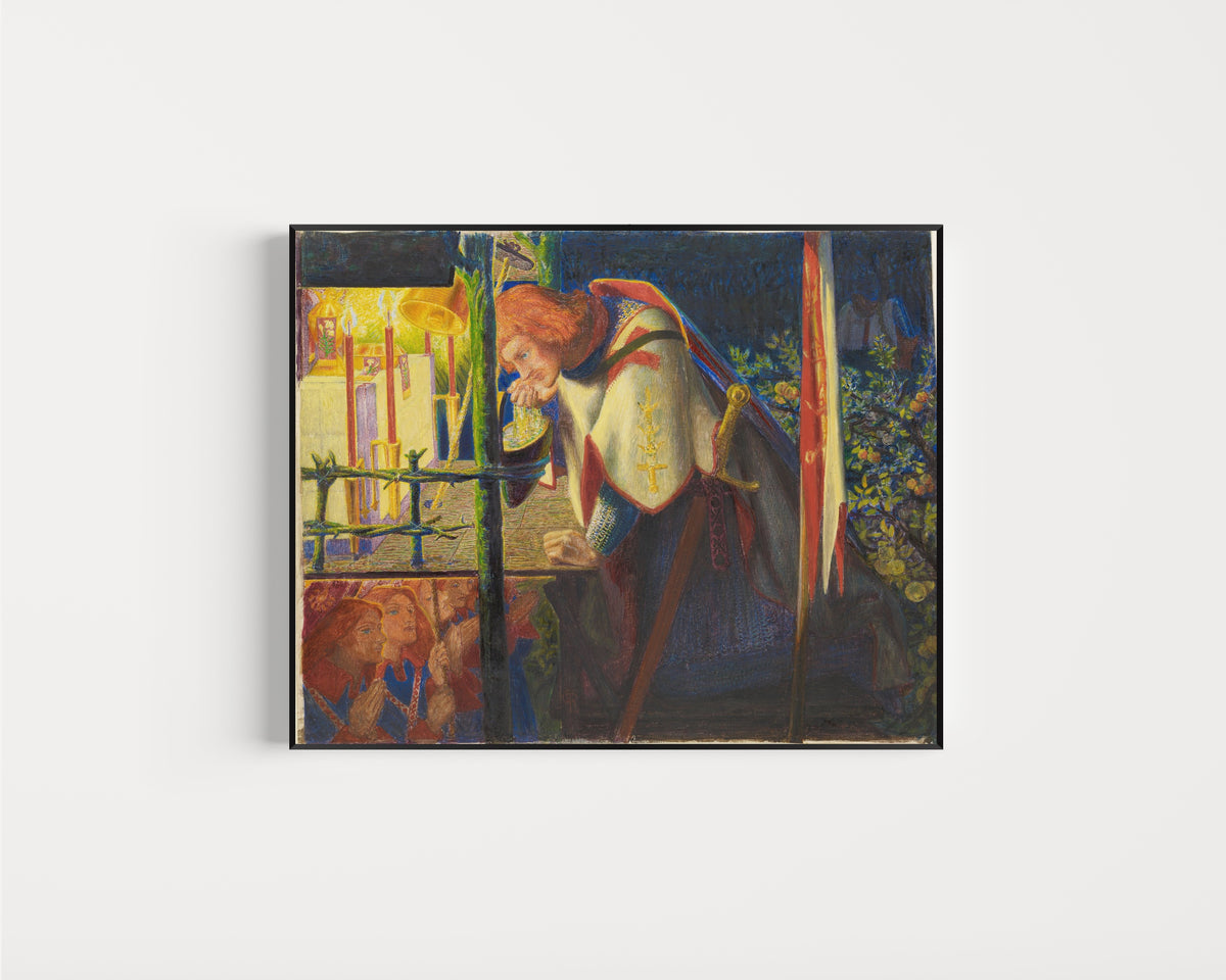 Framed art print of Sir Galahad at the Ruined Chapel by Dante Gabriel Rossetti, in a slim black frame on a plain white wall