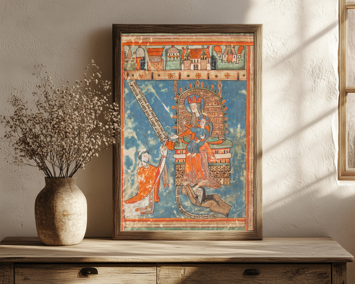 Framed art print of Dedication of a Book to the Virgin, in a dark wood frame leaning on a rustic console beside dried flowers
