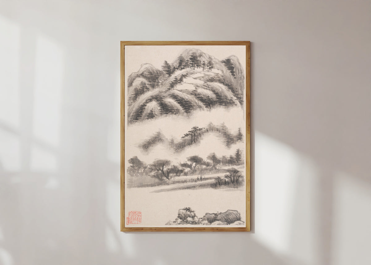 Framed art print of Landscapes after Old Masters by Dong Qichang, in a light wood frame on a sunlit white wall