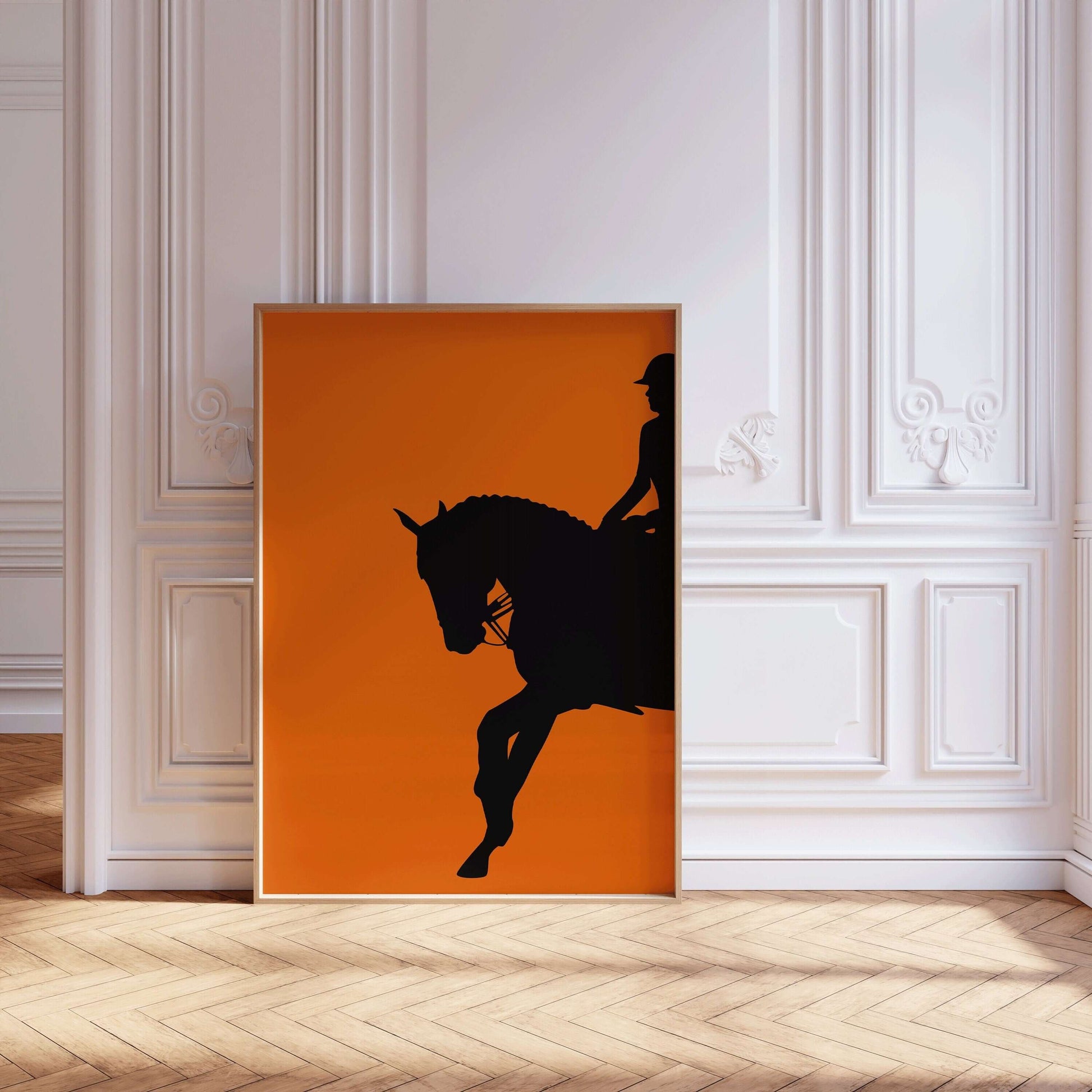 Dressage Horse and Rider Poster in Orange | Equestrian Art (available framed or unframed) - 9ArtPrints