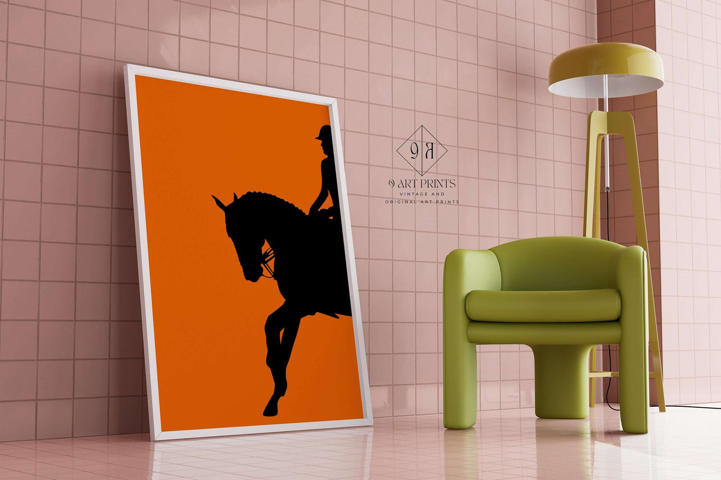 Dressage Horse and Rider Poster in Orange | Equestrian Art (available framed or unframed) - 9ArtPrints