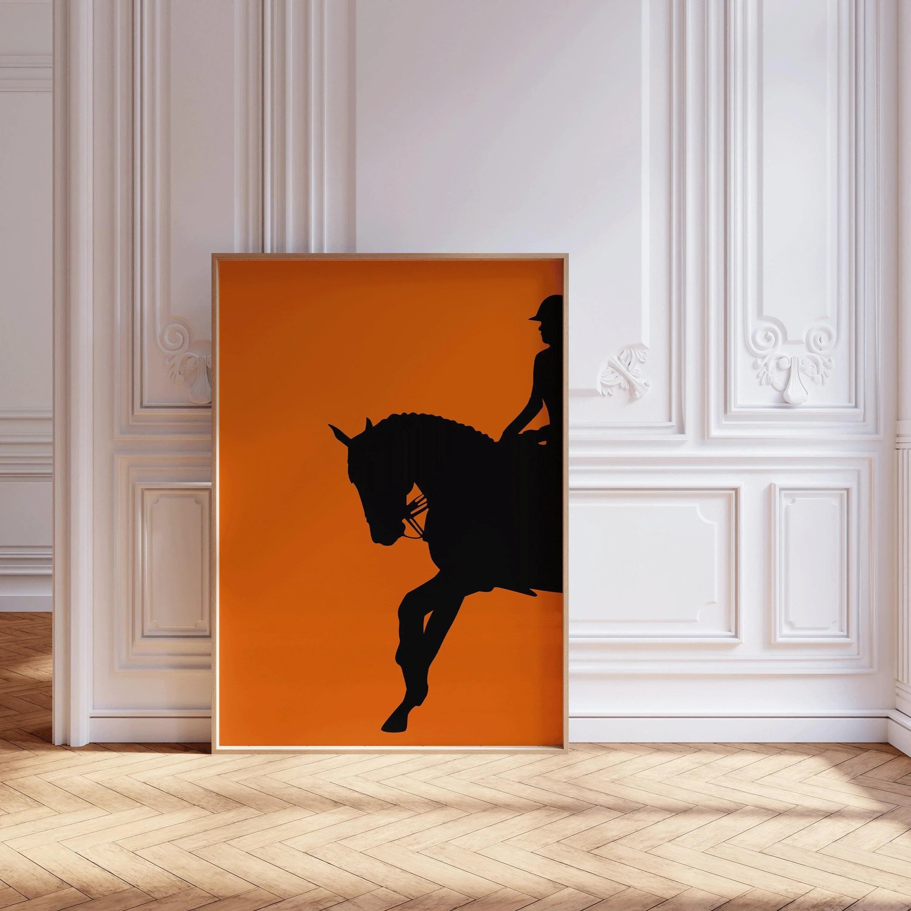 Dressage Horse and Rider Poster in Orange | Equestrian Art (available handframed or unframed) - 9ArtPrints