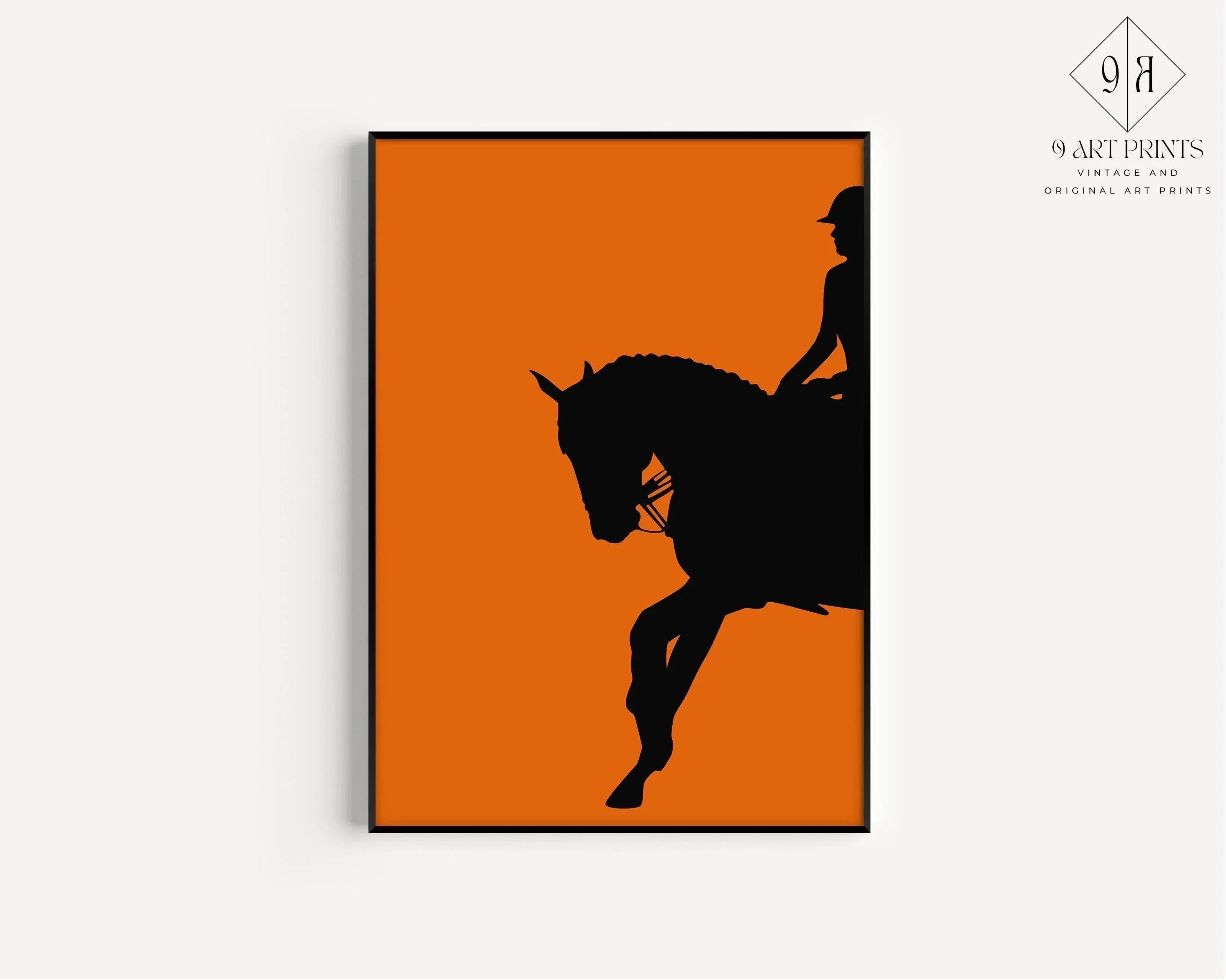 Dressage Horse and Rider Poster in Orange | Equestrian Art (available handframed or unframed) - 9ArtPrints