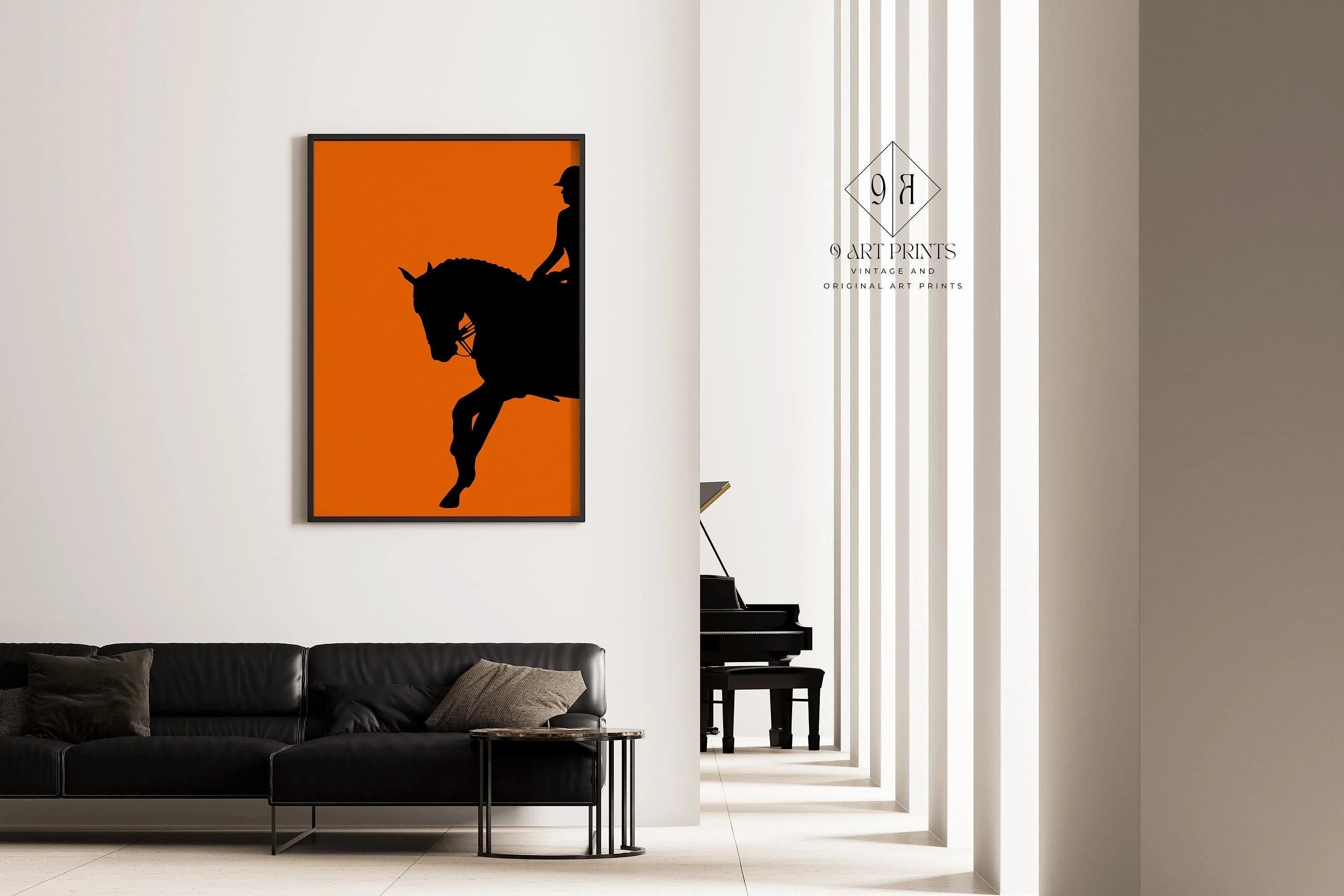 Dressage Horse and Rider Poster in Orange | Equestrian Art (available handframed or unframed) - 9ArtPrints