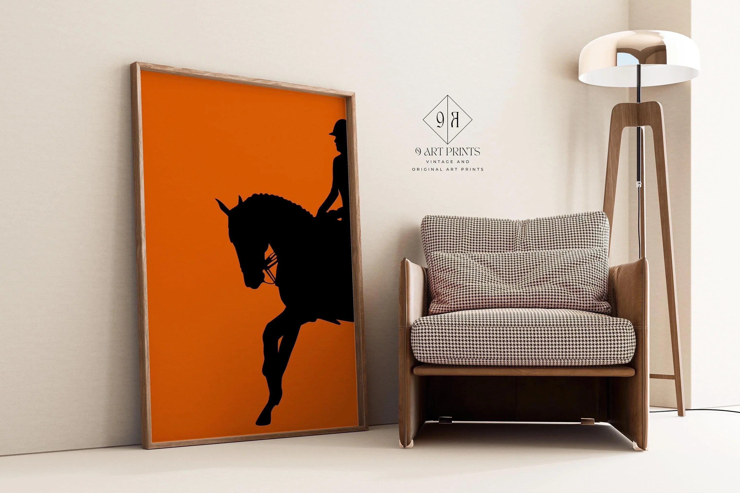 Dressage Horse and Rider Poster in Orange | Equestrian Art (available handframed or unframed) - 9ArtPrints
