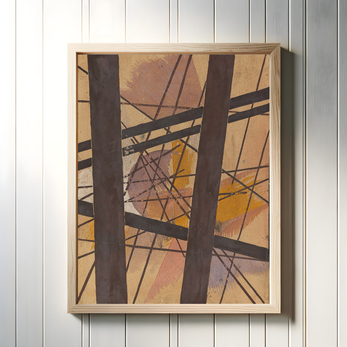 Framed art print of Raum-Kraft Komposition by Lyubov Popova, in a light wood frame on a white panelled wall
