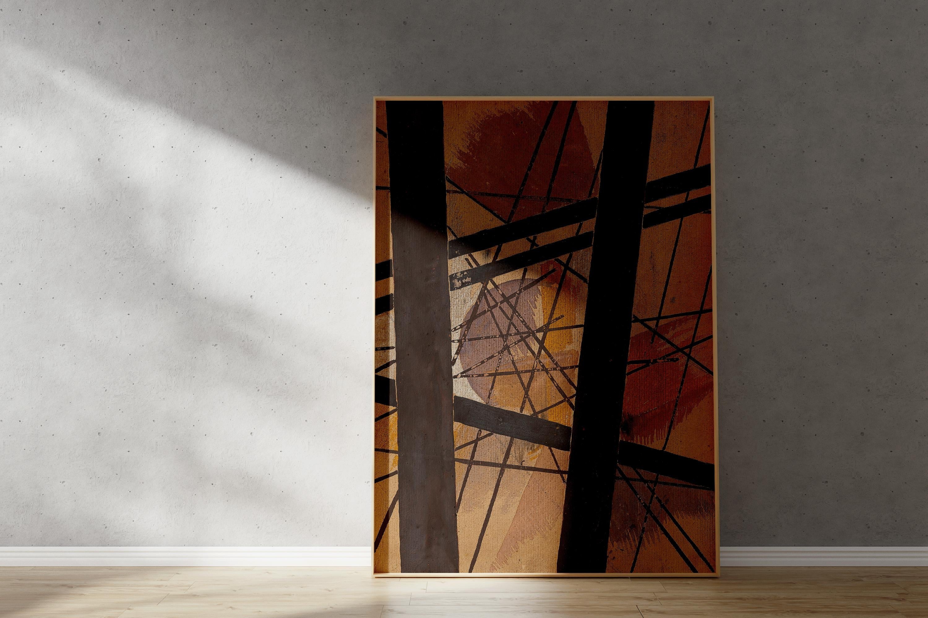 Dynamic Abstract Art Print | Raum - Kraft Komposition by Lyubov Popova | Geometric Lines & Earthy Tones (Available handframed or unframed) - 9ArtPrints