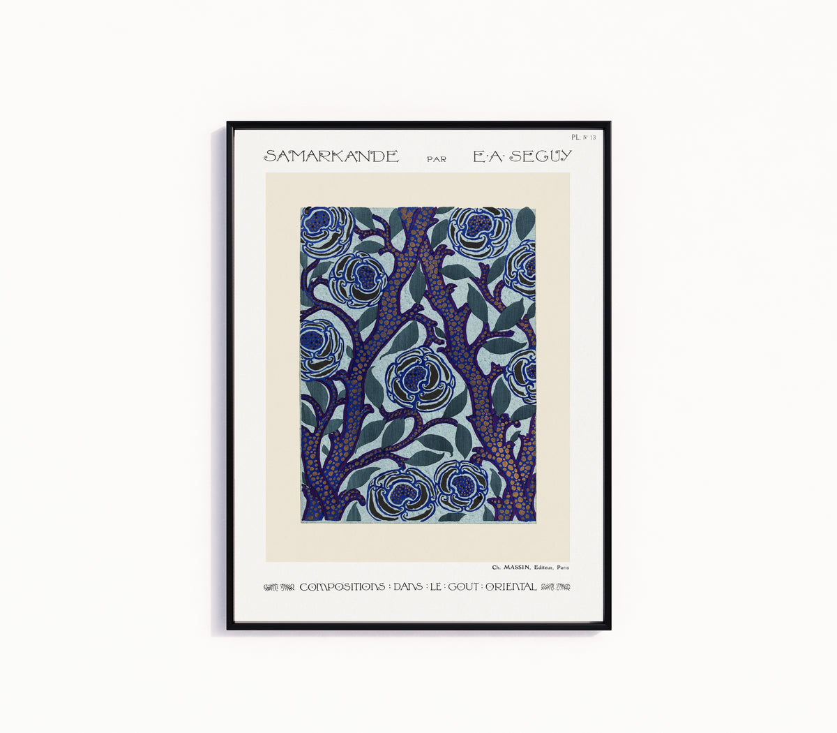 Framed art print of Samarkande, Plate 13 by E. A. Séguy, in a slim black frame on a plain white wall