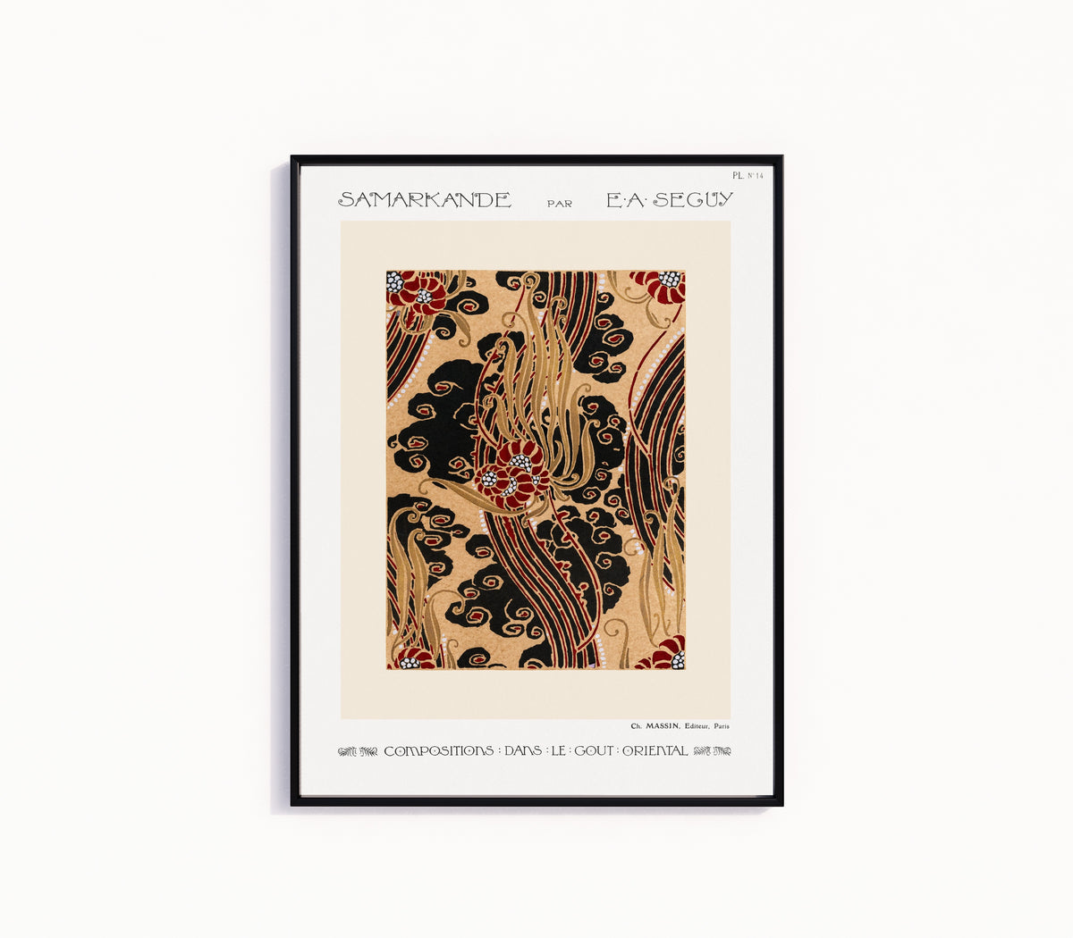 Framed art print of Samarkande, Plate 14 by E. A. Séguy, in a slim black frame on a plain white wall
