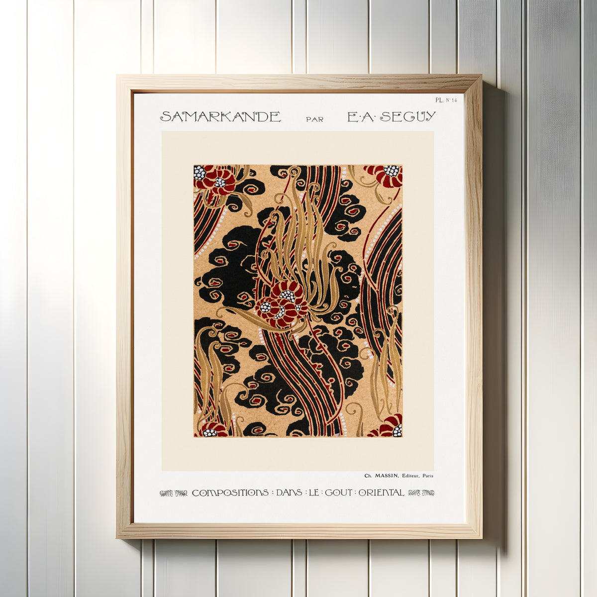 Framed art print of Samarkande, Plate 14 by E. A. Séguy, in a light wood frame on a white panelled wall