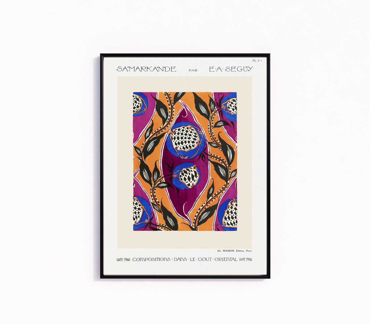 Framed art print of Samarkande, Plate 4 by E. A. Séguy, in a slim black frame on a plain white wall