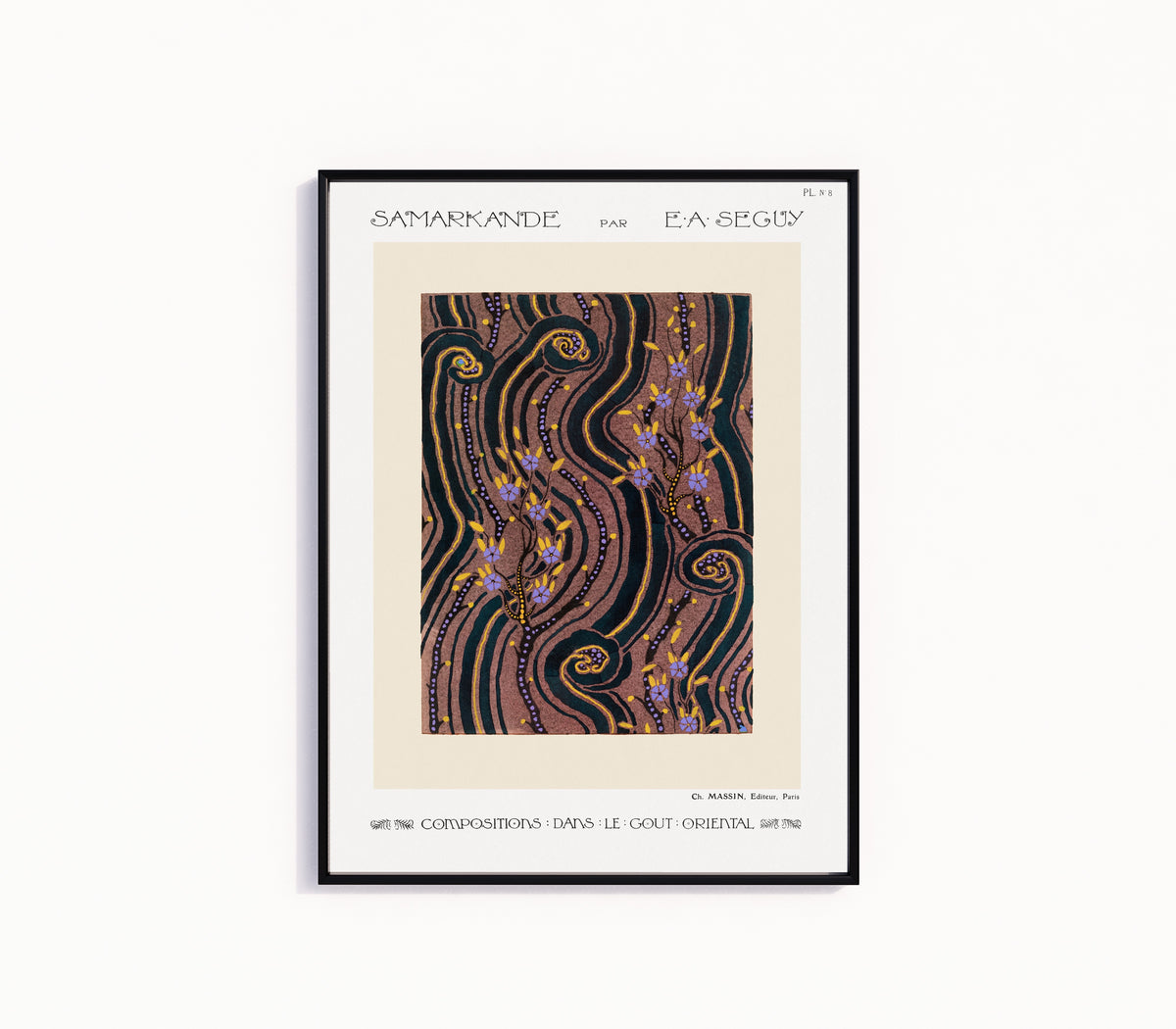 Framed art print of Samarkande, Plate 8 by E. A. Séguy, in a slim black frame on a plain white wall