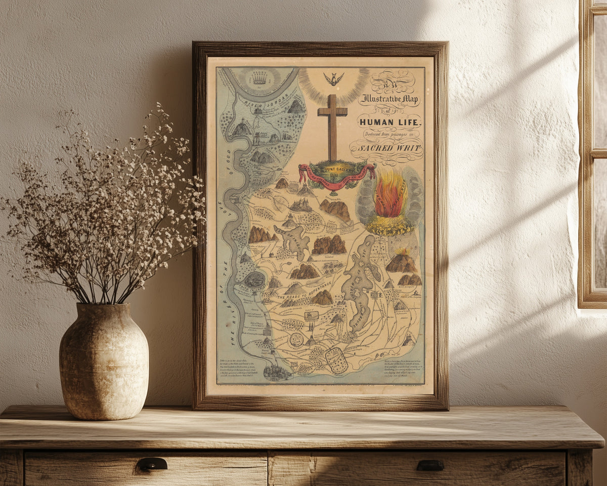 Framed art print of An Illustrative Map of Human Life Deduced… by E.B. & E.C. Kellogg, in a dark wood frame leaning on a rustic console beside dried flowers
