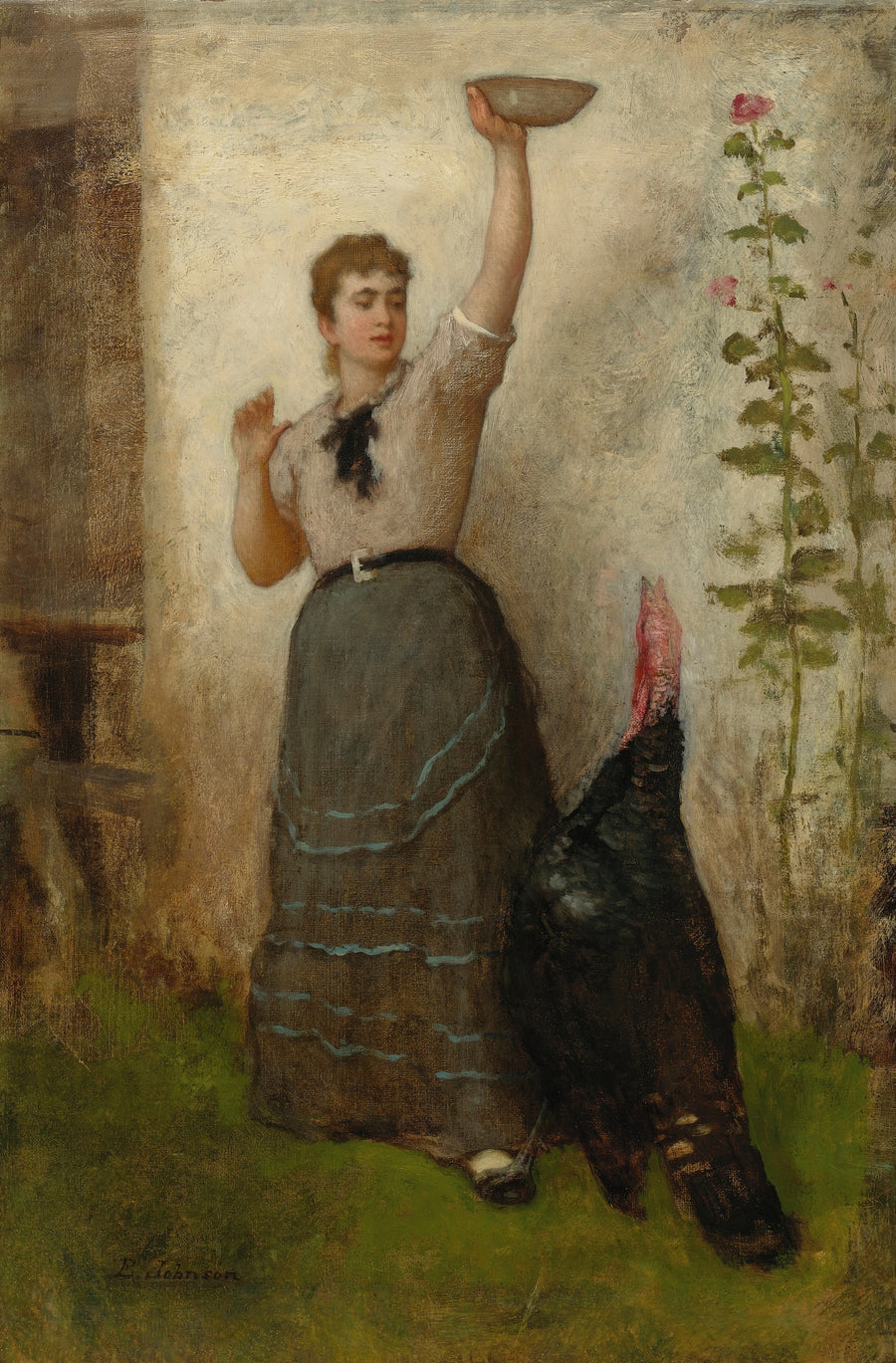 Eastman Johnson — Feeding the Turkey | Thanksgiving Art Print shown to scale on a wall above a sofa