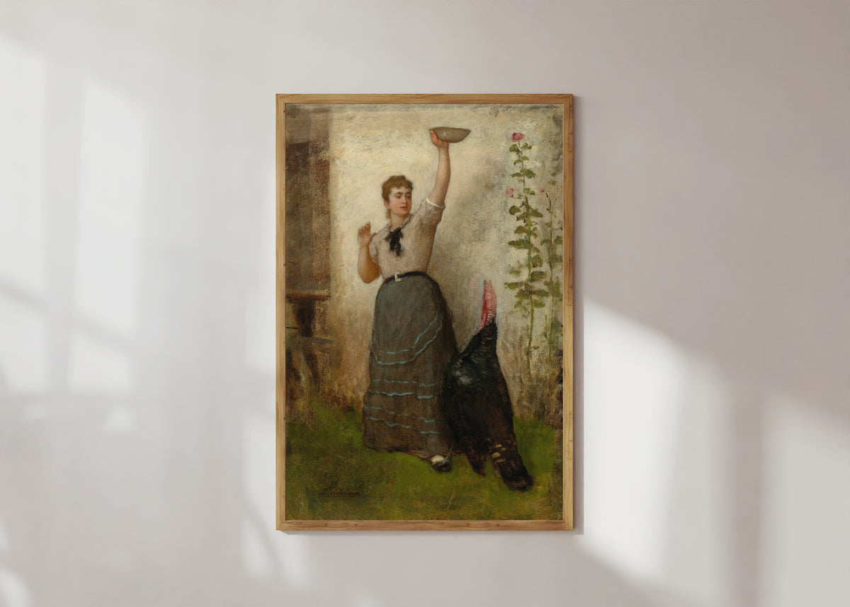 Framed art print of Feeding the Turkey by Eastman Johnson, in a light wood frame on a sunlit white wall