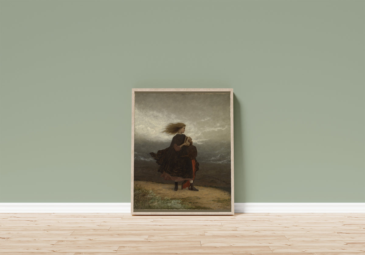 Framed art print of The Girl I Left Behind Me by Eastman Johnson, in a light wood frame leaning on a sage green wall above a wooden floor