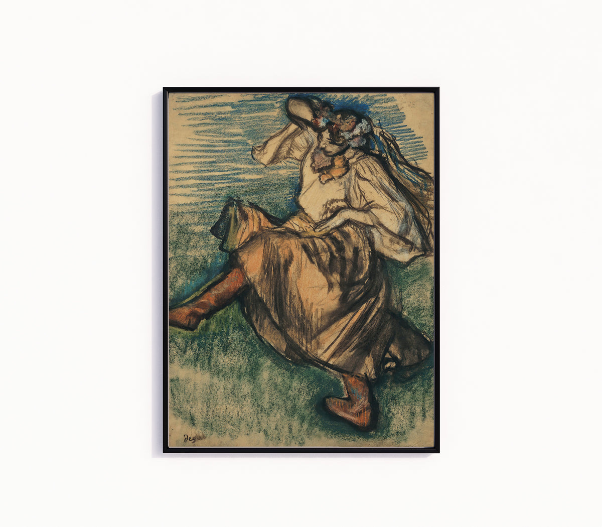 Framed art print of Dancer in Ukrainian Dress by Edgar Degas, in a slim black frame on a plain white wall