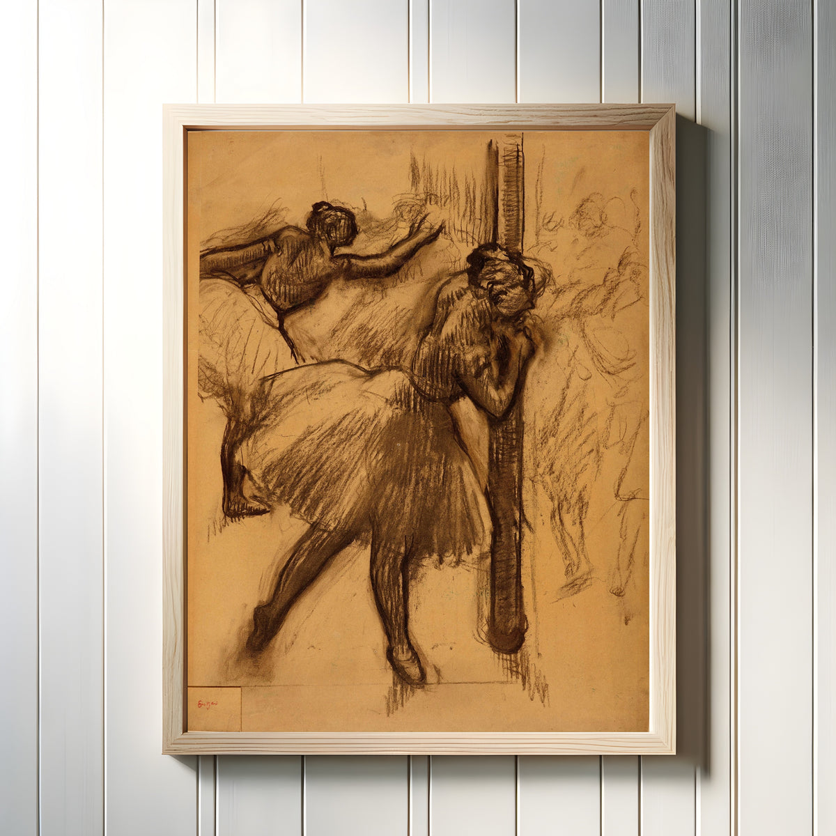 Framed art print of Danseuse, appuyée à une colonne by Edgar Degas, in a light wood frame on a white panelled wall