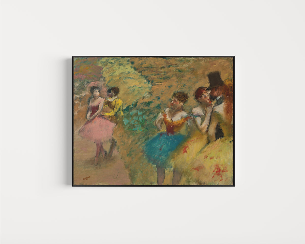 Framed art print of Danseuses (Les Coulisses de l’Opéra) by Edgar Degas, in a slim black frame on a plain white wall
