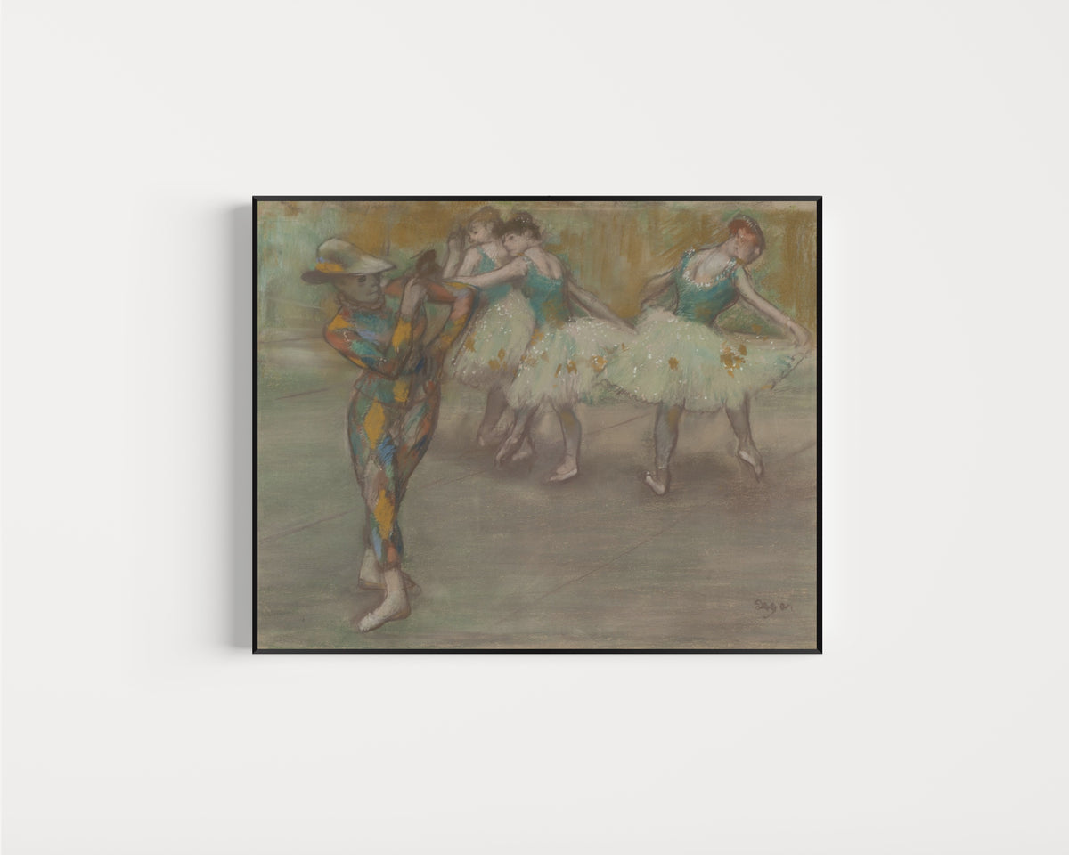 Framed art print of Harlequin Dance by Edgar Degas, in a slim black frame on a plain white wall