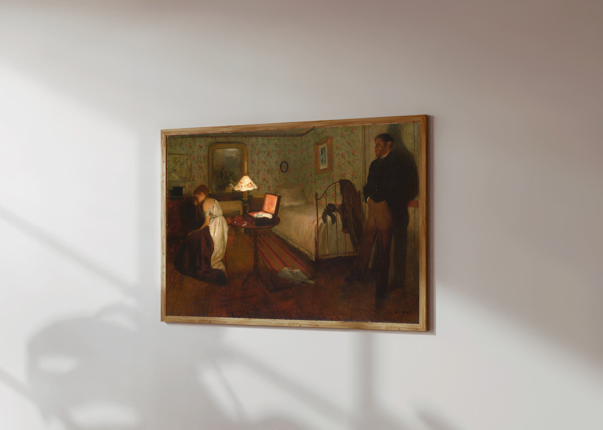 Framed art print of Interior by Edgar Degas, in a light wood frame on a sunlit white wall, seen at a slight angle