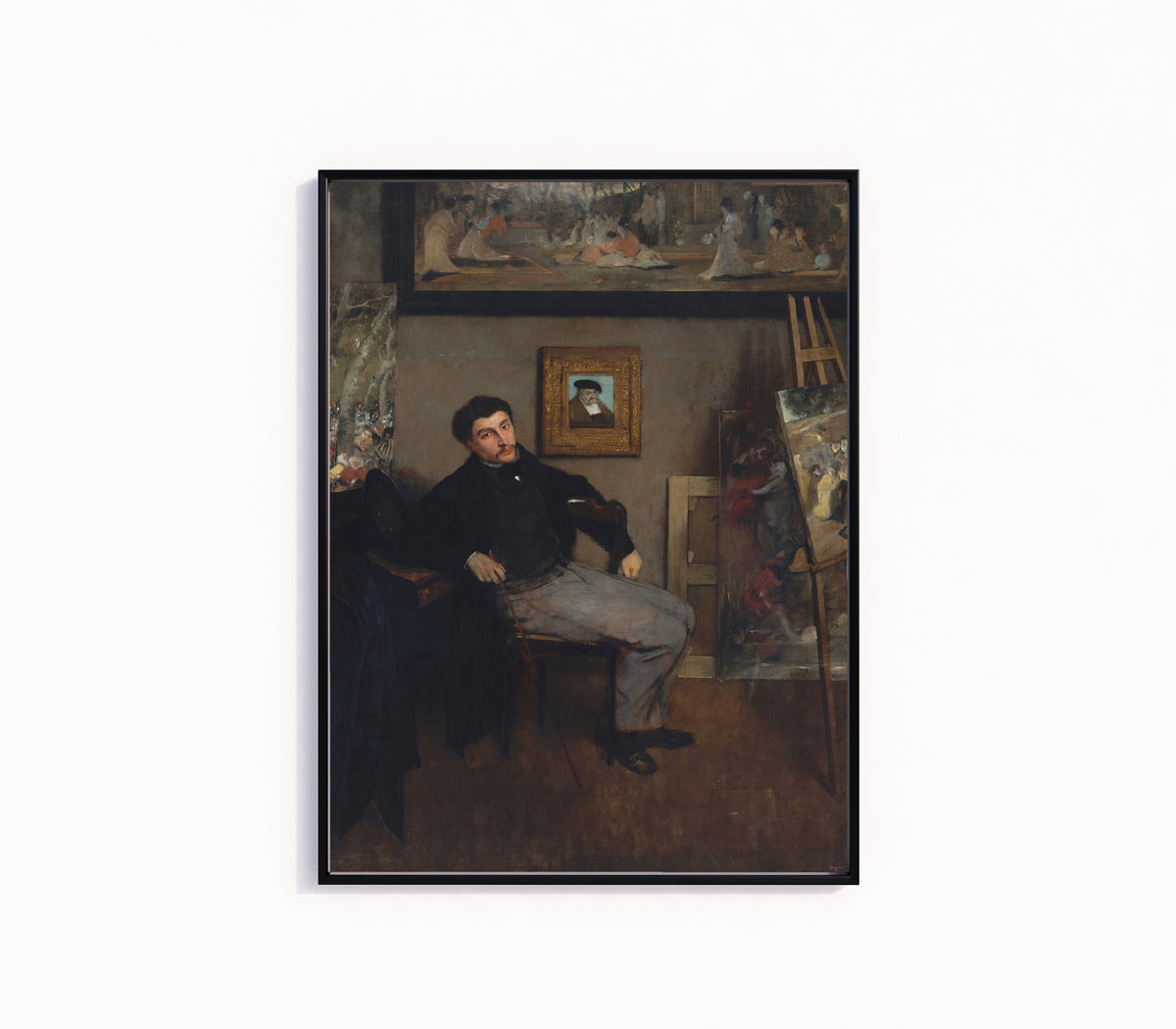 Framed art print of James-Jacques-Joseph Tissot by Edgar Degas, in a slim black frame on a plain white wall