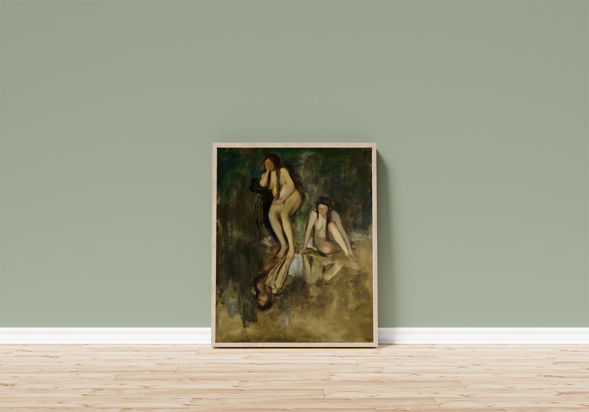 Framed art print of Mademoiselle Fiocre in the Ballet La Source (Study) by Edgar Degas, in a light wood frame leaning on a sage green wall above a wooden floor